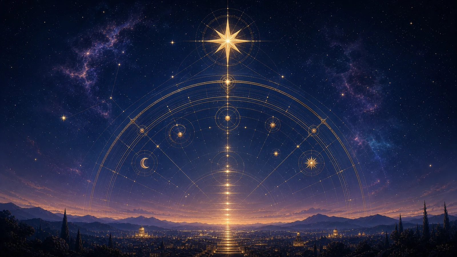 Carta celeste cuyo meridiano dorado culmina en una estrella sobre una ciudad nocturna