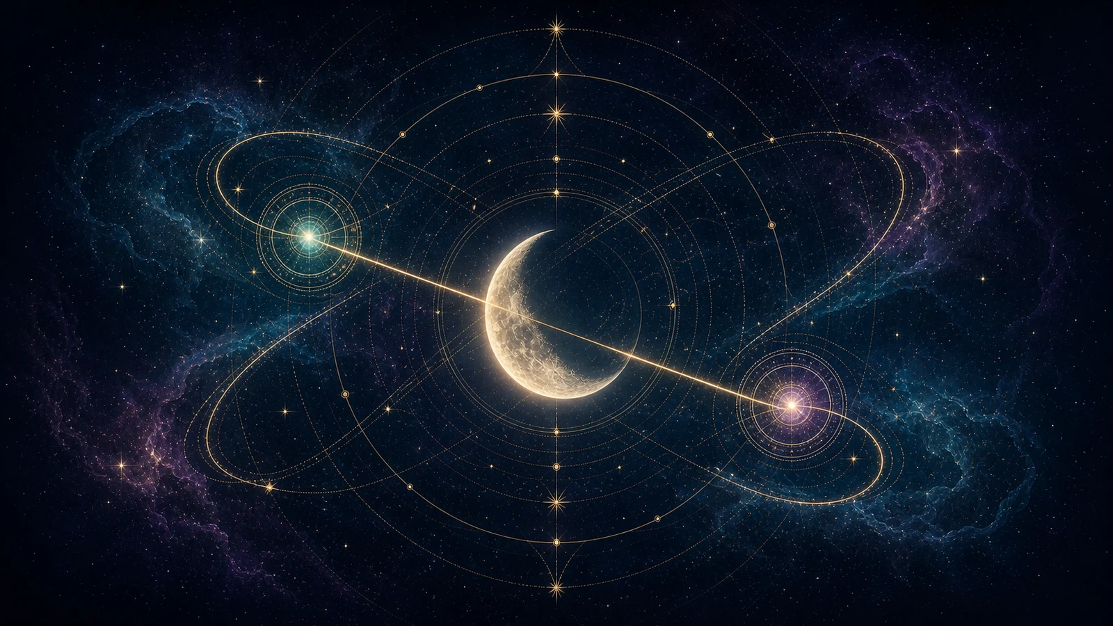Luna creciente entre dos puntos luminosos opuestos donde se cruzan órbitas celestes doradas