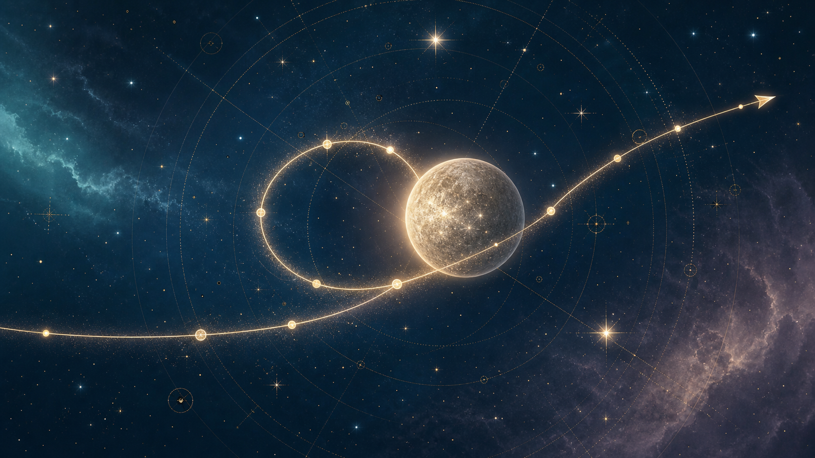 Planeta Mercurio rodeado por una trayectoria luminosa que forma un bucle sobre un cielo estrellado