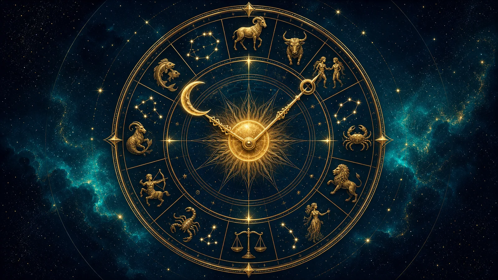 Rueda zodiacal dorada con doce signos, el Sol, la Luna y agujas celestes sobre un cielo estrellado