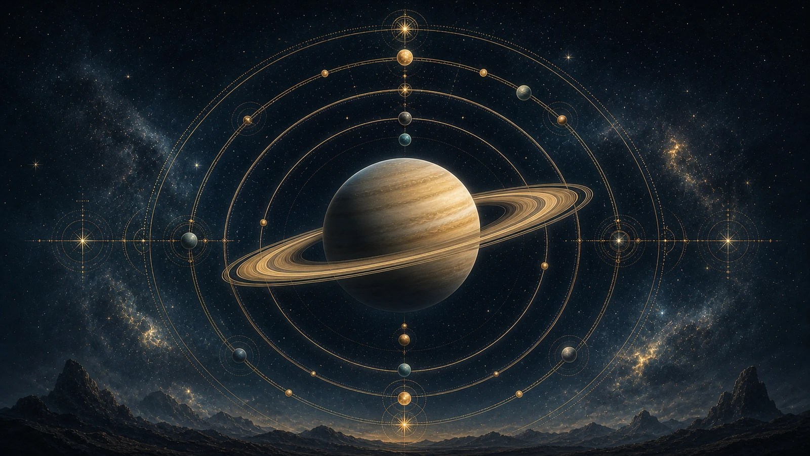 Planeta Saturno rodeado por anillos orbitales dorados sobre un cielo cósmico azul oscuro