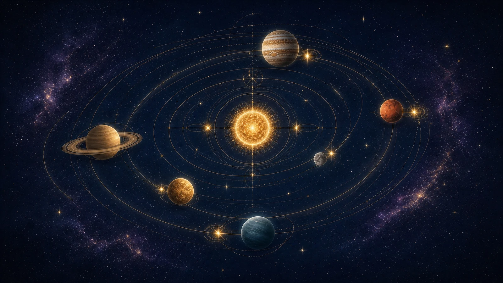 Sistema planetario con órbitas doradas y puntos luminosos que representan el cierre y reinicio de cada ciclo