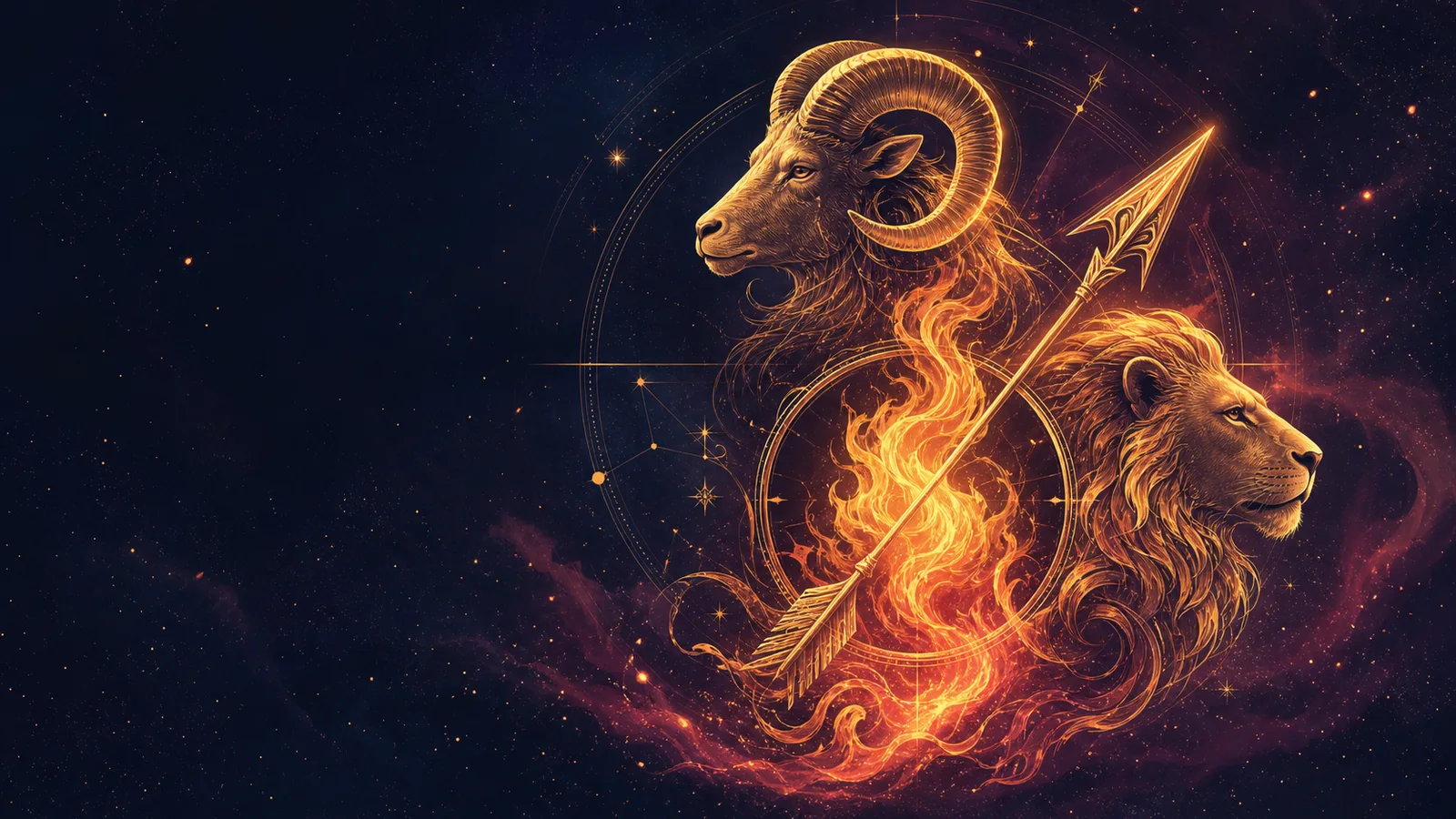 Carnero, león y flecha de Sagitario iluminados por una llama sobre un cielo estrellado