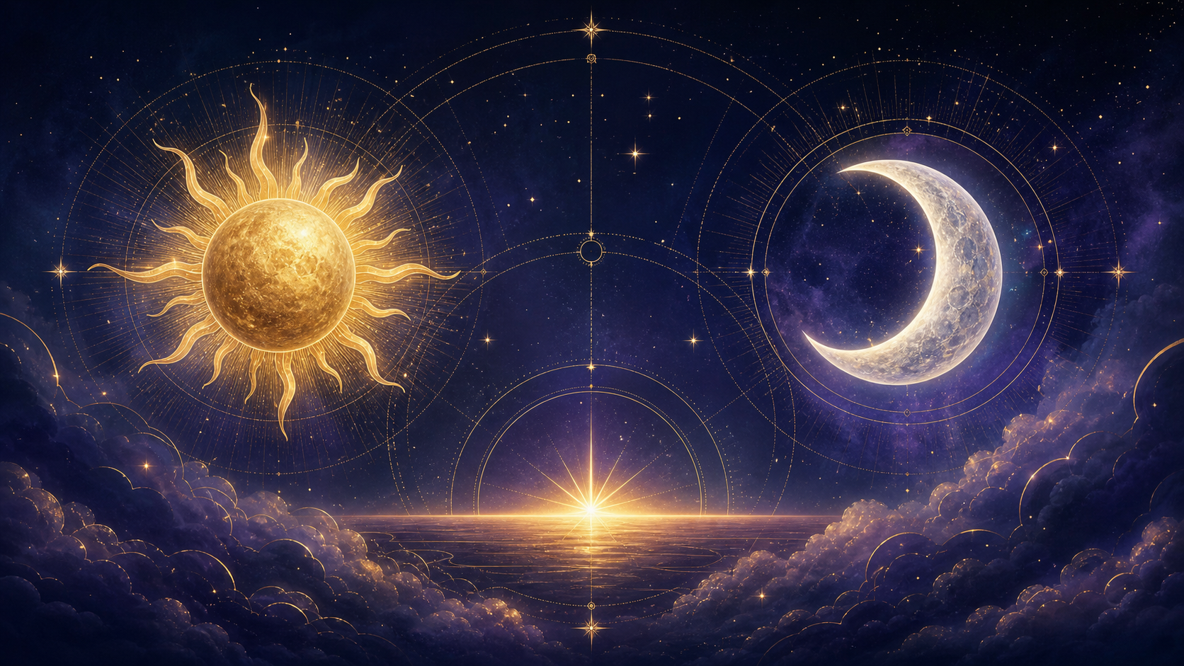 Sol dorado, Luna creciente y estrella elevándose sobre el horizonte en una carta celeste